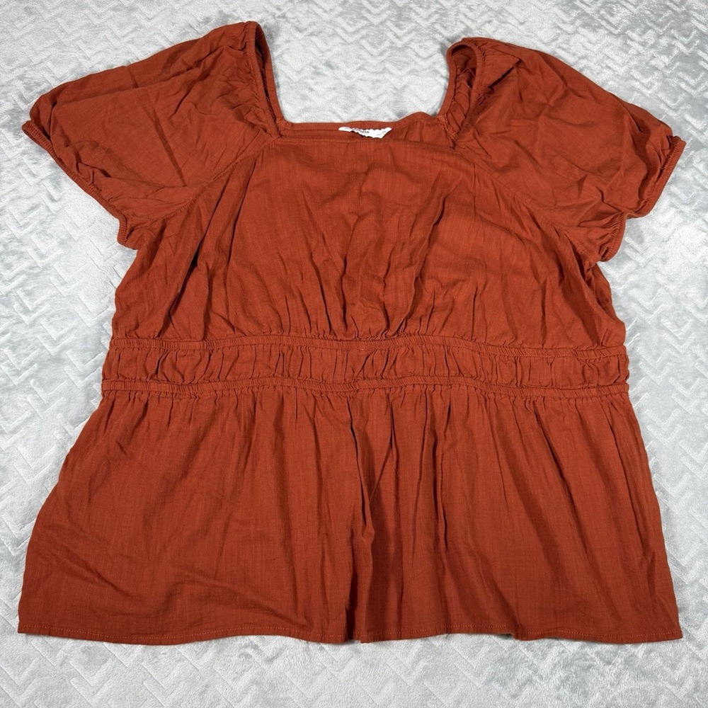 Sonoma Women's Rust Smocked Peplum Blouse 2X Puff Sleeve‎ Square Neck Boho Top